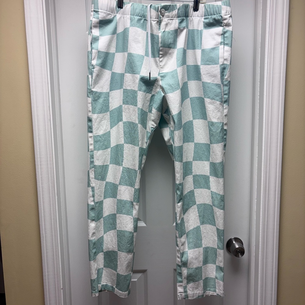 Duvin Mint Green & White Check Beach Pants | Men’s XL | Cotton Stretch